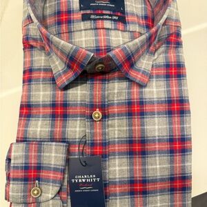 Brand New Charles Tyrwhitt Men's Large Red, Gray & Navy Blue Check Weekend Shirt